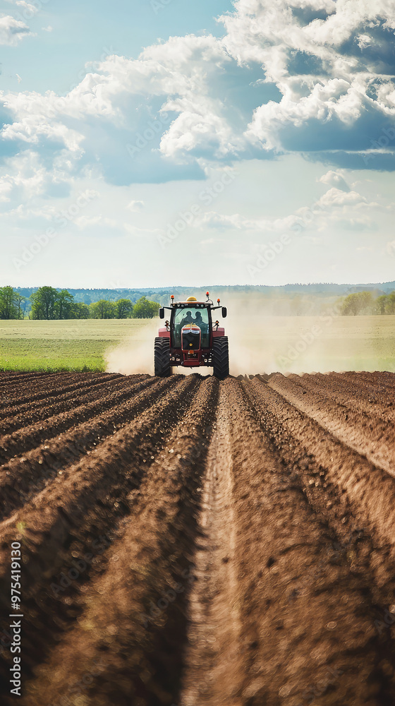 Fototapeta premium A tractor is spreading fertilizer on large field, creating neat rows in soil under bright sky. scene captures essence of agricultural work and beauty of rural landscapes