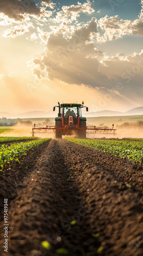 A modern tractor spreads fertilizer evenly across lush green field under dramatic sky. warm sunlight enhances vibrant colors, creating serene agricultural scene