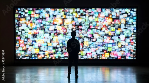 Wallpaper Mural A person stands in silhouette in front of a large screen displaying a multitude of colorful images. Torontodigital.ca
