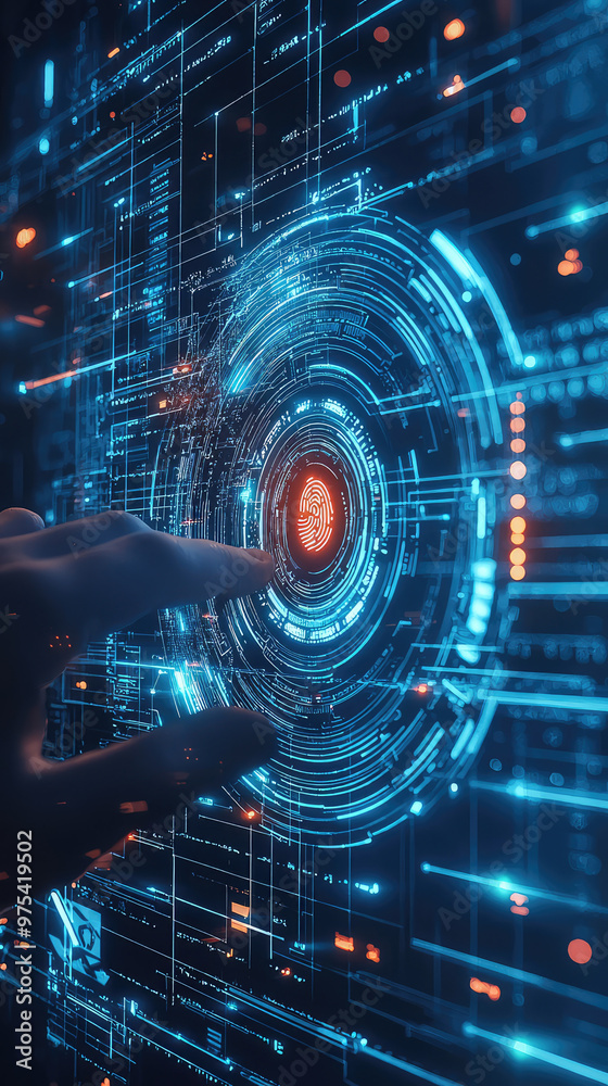 Obraz premium Unlocking digital security system with fingerprint scanner showcases advanced technology and innovation. vibrant blue and red colors create futuristic atmosphere, emphasizing importance of security