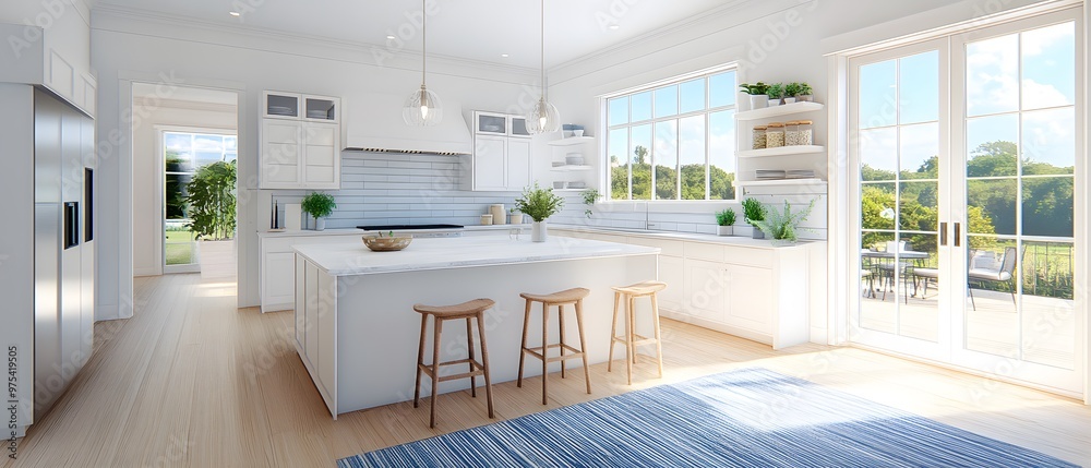 Bright and modern kitchen with white cabinets, island, and natural light. Ideal space for cooking and entertaining. Bright and modern kitchen with white cabinets, island, and natural light. Ideal space for cooking and entertaining.