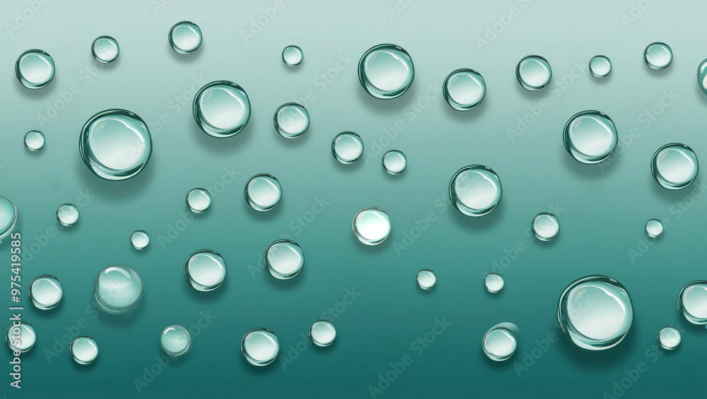Digital image of water droplets on a smooth gradient background from light to dark teal, droplets varying in size with realistic 3D appearance, clean and modern style, generative AI Digital image of water droplets on a smooth gradient background from light to dark teal, droplets varying in size with realistic 3D appearance, clean and modern style, generative AI