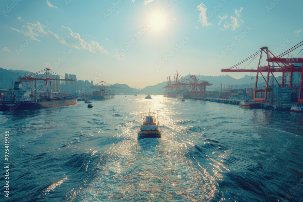 Naklejka premium Large ports and container freight ships