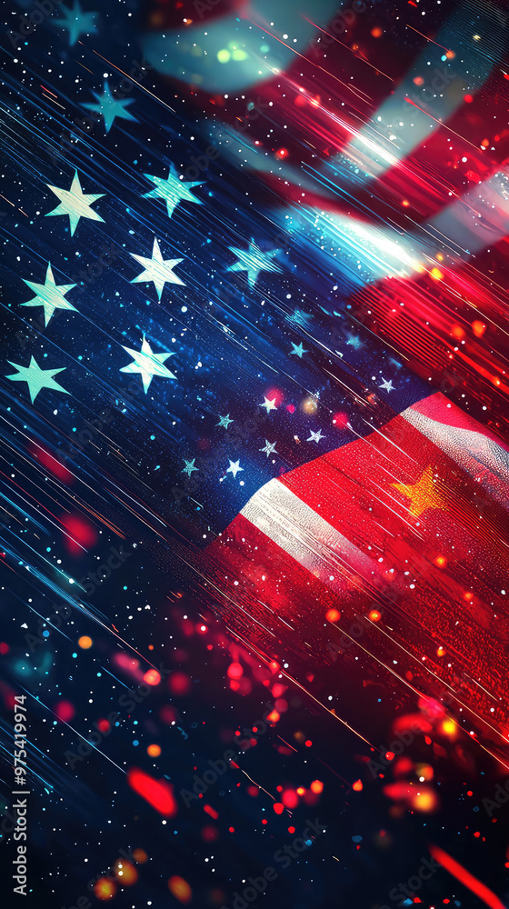 Futuristic design featuring American and Chinese flags with vibrant colors and dynamic patterns, creating sense of unity and contrast Futuristic design featuring American and Chinese flags with vibrant colors and dynamic patterns, creating sense of unity and contrast