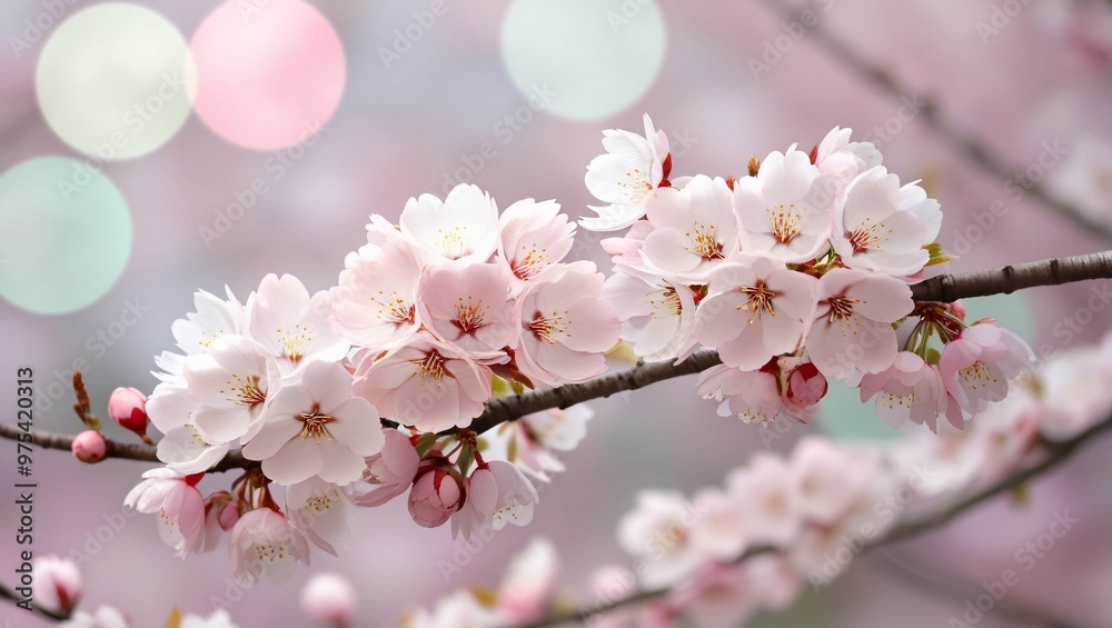 High-resolution close-up of cherry blossoms in full bloom with a diagonal branch, delicate pink petals, blurred bokeh background in pastel colors, serene spring beauty, generative AI High-resolution close-up of cherry blossoms in full bloom with a diagonal branch, delicate pink petals, blurred bokeh background in pastel colors, serene spring beauty, generative AI