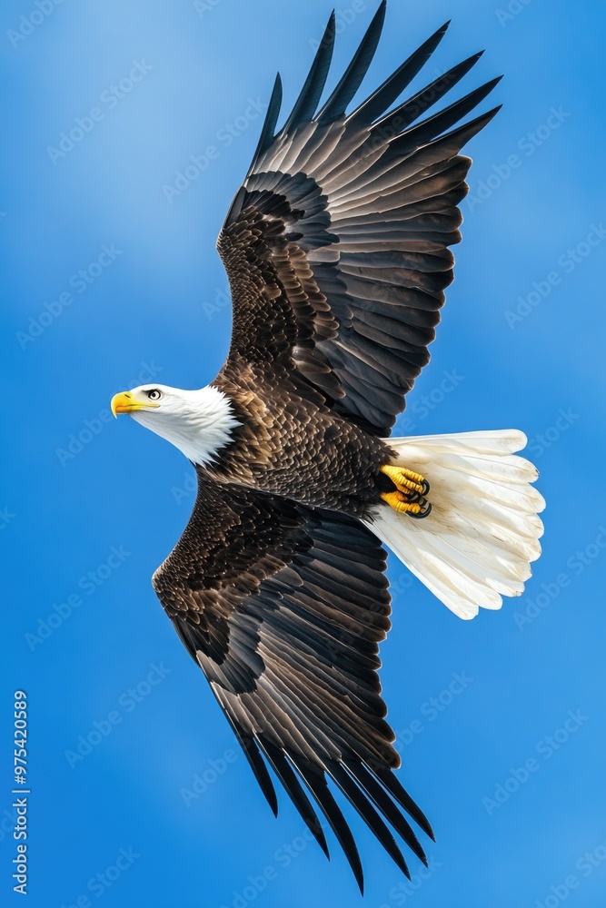 Fototapeta premium Bald eagle flying in blue sky