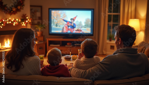 Family watching TV together at home on a quiet evening Happy joyful Christmas holidays