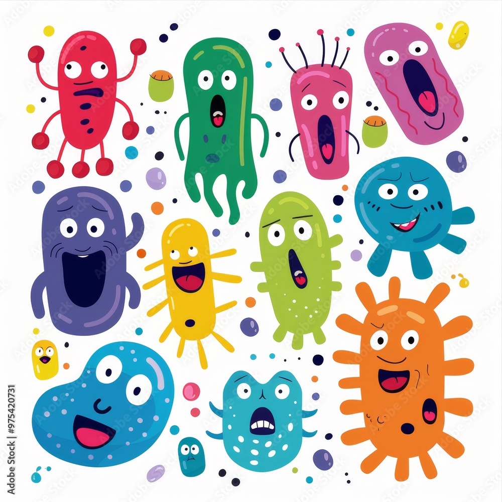 Colorful cartoon germs and bacteria with smiling faces, perfect for educational materials and children's health themes.