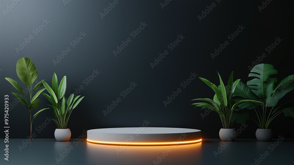 An indoor podium decorated by potted plants and strip lights, background for e-commerce product promotion An indoor podium decorated by potted plants and strip lights, background for e-commerce product promotion