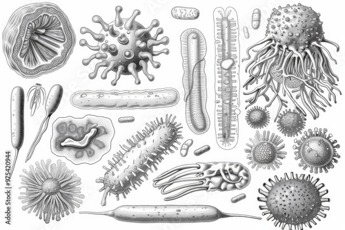 Detailed illustration of various microorganisms, showcasing their unique structures and features in a scientific style. photo