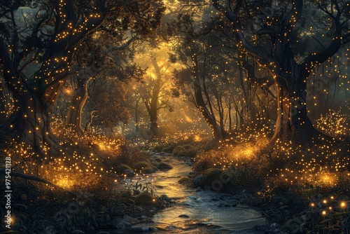 Enchanting forest revealing a magical glow with fireflies, serene waterway, and soft light filtering through the trees.