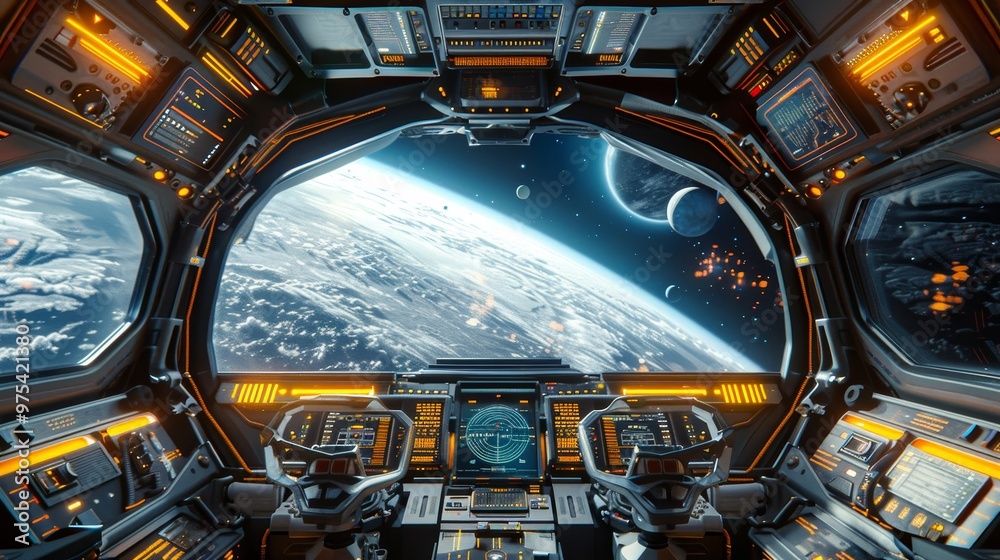 Futuristic spaceship cockpit with glowing controls and a stunning view of Earth and distant planets in space. Futuristic spaceship cockpit with glowing controls and a stunning view of Earth and distant planets in space.