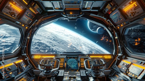 Futuristic spaceship cockpit with glowing controls and a stunning view of Earth and distant planets in space.