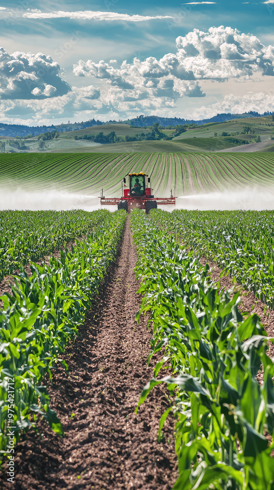 Obraz premium Liquid fertilizer being sprayed on vast cornfield, showcasing lush green crops and expansive landscape under beautiful sky. scene captures essence of modern agriculture and importance of crop care