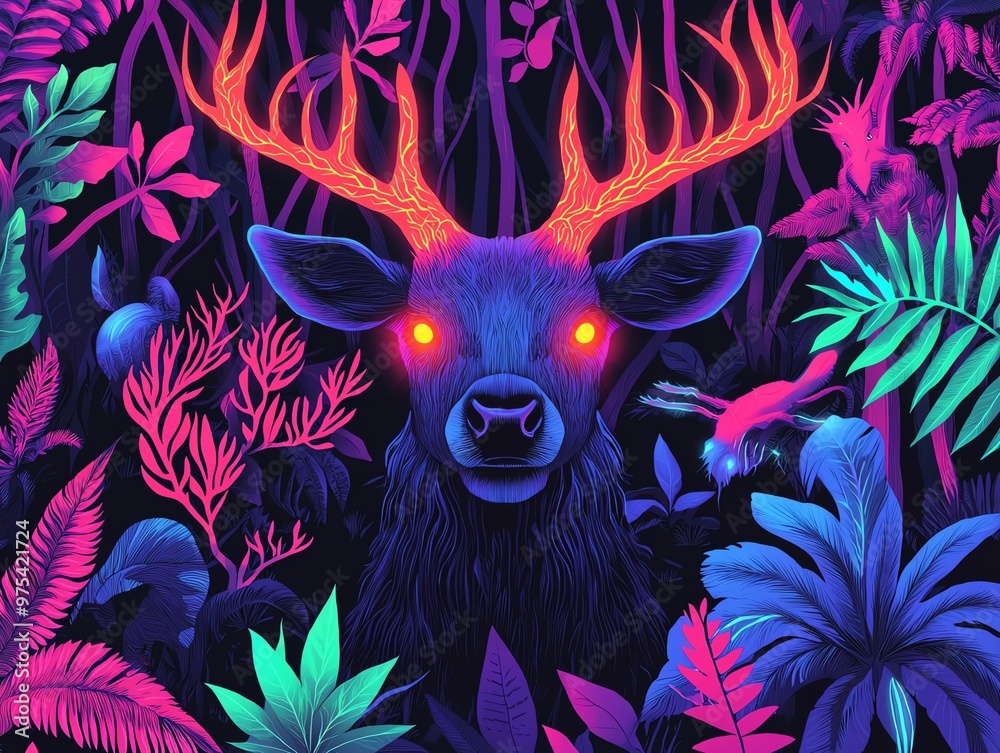 Vibrant neon deer in the wild surrounded by colorful foliage, creating a mystical and magical atmosphere. Vibrant neon deer in the wild surrounded by colorful foliage, creating a mystical and magical atmosphere.