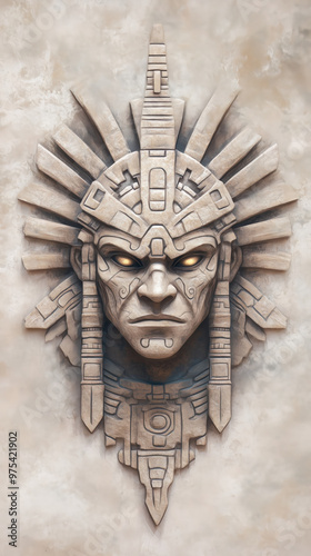 Detailed Ancient Stone Carving of a Mayan Warrior God with Symbolic Feather Headdress and Intricate Geometric Patterns Reflecting Mesoamerican Artistic Heritage photo