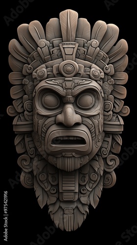 Intricate Stone Mask of Ancient Mayan Deity with Traditional Feather Headdress and Symbolic Carvings Representing Mesoamerican Culture and Spirituality photo