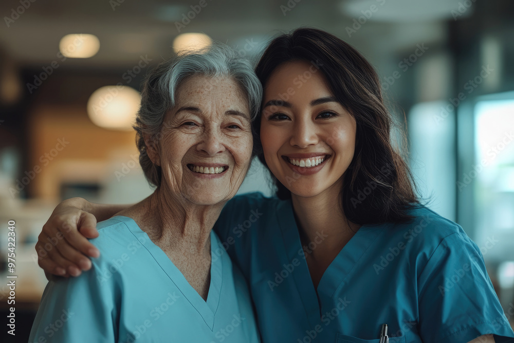 Fototapeta premium Young female nurses and elderly people in the hospital