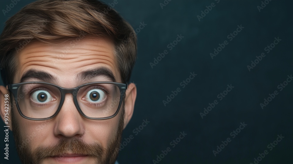 Close-Up of Businessman Wearing Glasses with Wide Eyes and Raised Eyebrows, Expressing Shock or Surprise in a Dramatic Reaction Close-Up of Businessman Wearing Glasses with Wide Eyes and Raised Eyebrows, Expressing Shock or Surprise in a Dramatic Reaction