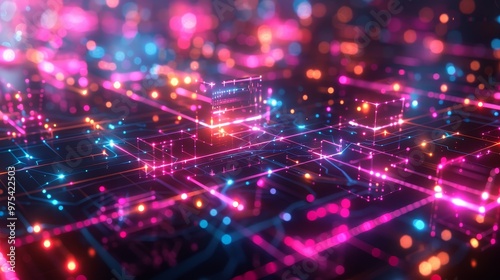 Vibrant abstract network of lights and patterns in pink and blue, representing digital technology and connectivity.