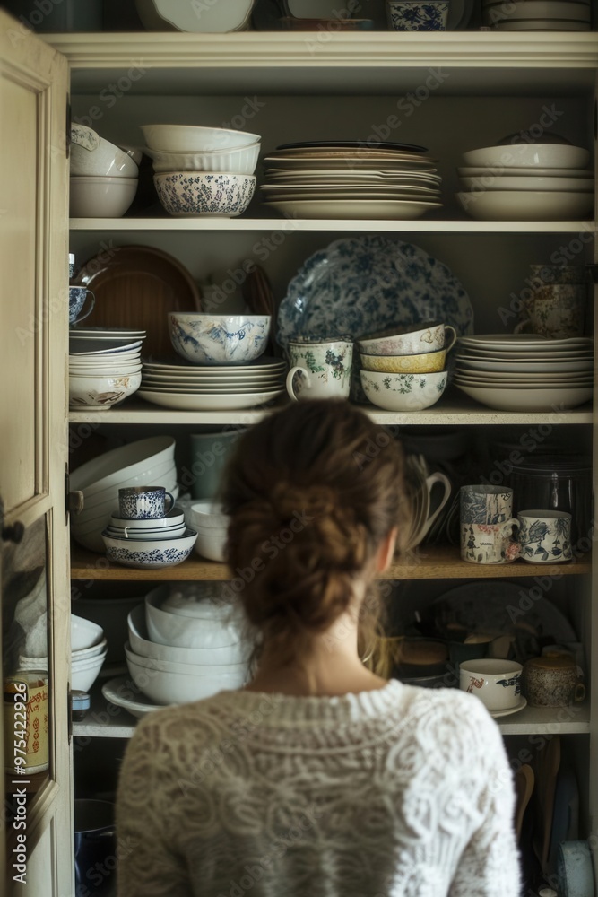 A person stands in front of a neatly organized kitchen cabinet filled with various dishware, evoking a sense of home and comfort. A person stands in front of a neatly organized kitchen cabinet filled with various dishware, evoking a sense of home and comfort.