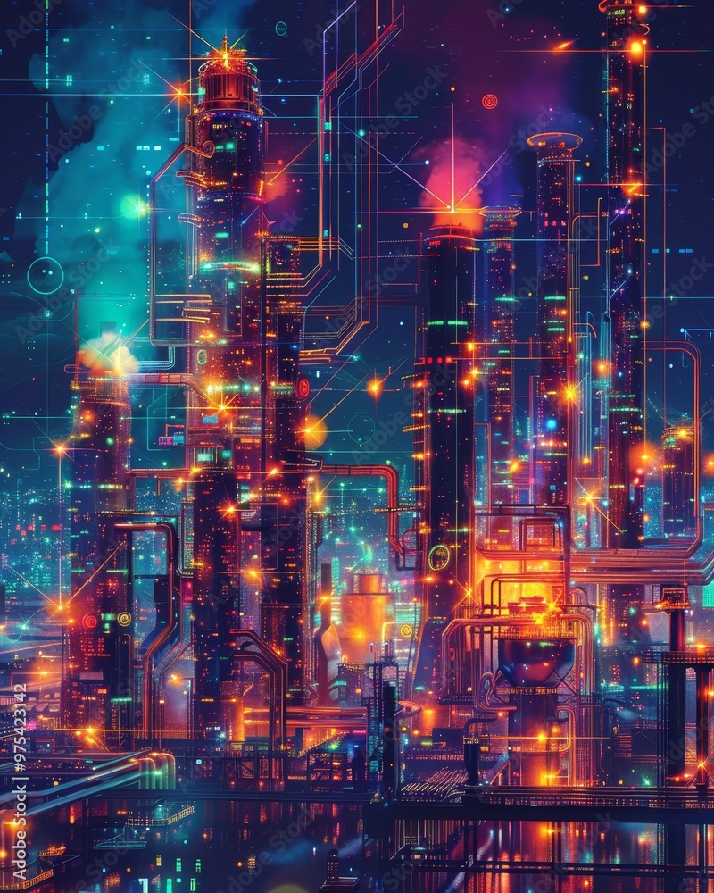 Obraz premium Vibrant futuristic cityscape with neon lights and glowing technology, showcasing a blend of innovation and urban life.