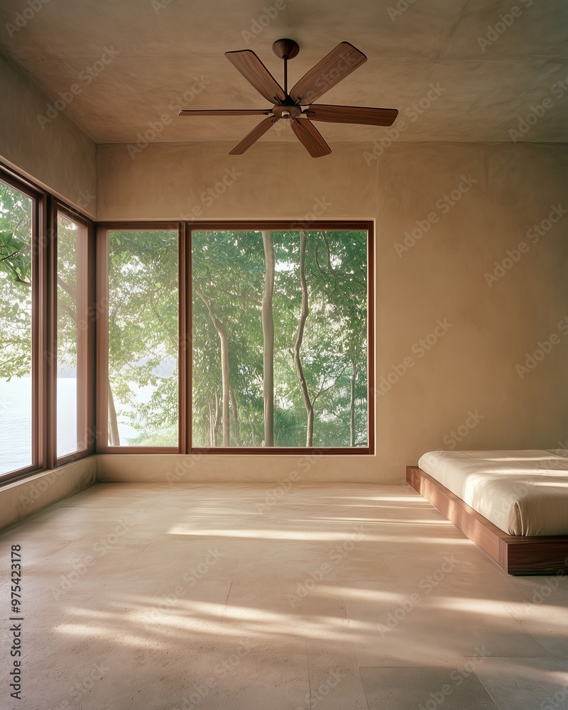Contemporary Minimalist Bedroom with Large Windows Overlooking a Tranquil Forest, Offering a Nature-Centered Design for Peaceful Living Contemporary Minimalist Bedroom with Large Windows Overlooking a Tranquil Forest, Offering a Nature-Centered Design for Peaceful Living