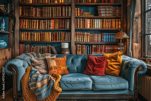 A cozy living room scene featuring a blue sofa adorned with colorful cushions and a backdrop of exquisite bookshelves.