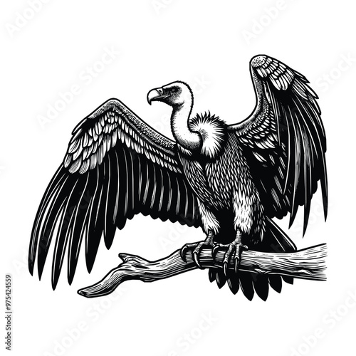 hand drawn illustration of vulture bird. black and white vulture bird vector illustration, black outline photo