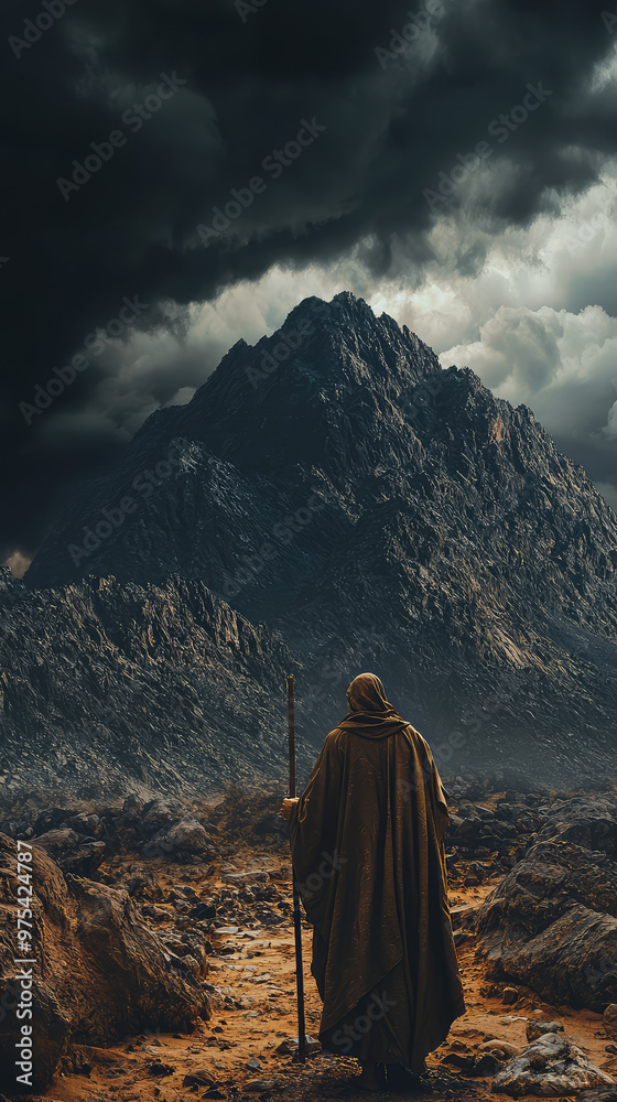 Fototapeta premium Moses standing at foot of Mount Sinai, gazing at stormy sky, embodies moment of reflection and determination. dramatic landscape enhances emotional weight of scene