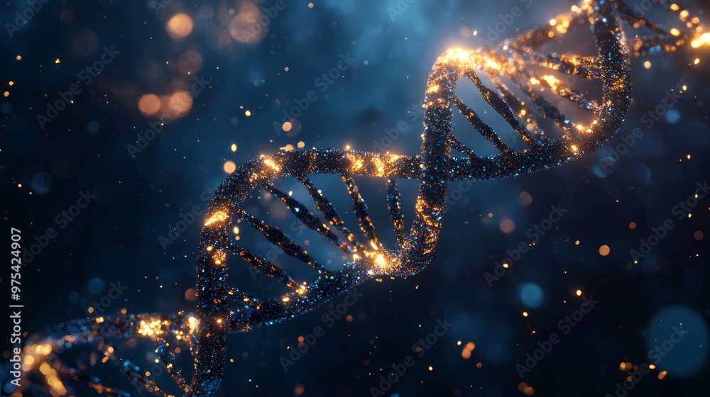 Glowing gene double helix with sparkling particles Glowing gene double helix with sparkling particles