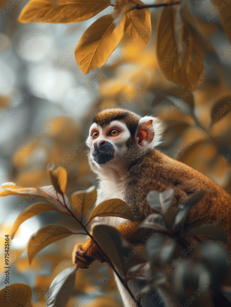 Fototapeta premium Portrait of a Common squirrel monkey, Saimiri sciureus, surrounded by forest leaves