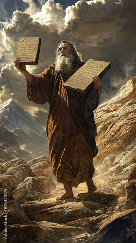 Moses standing on Mount Sinai holds stone tablets, symbolizing divine law. dramatic landscape and clouds enhance powerful moment of revelation and faith photo