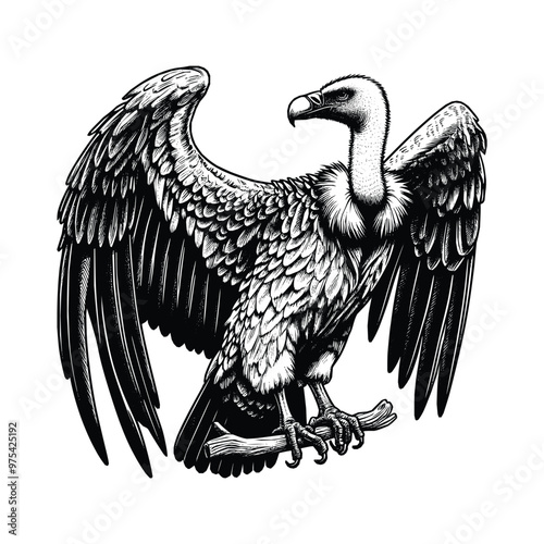 Hand-Drawn Vulture Bird Illustration in Black Outline Vector