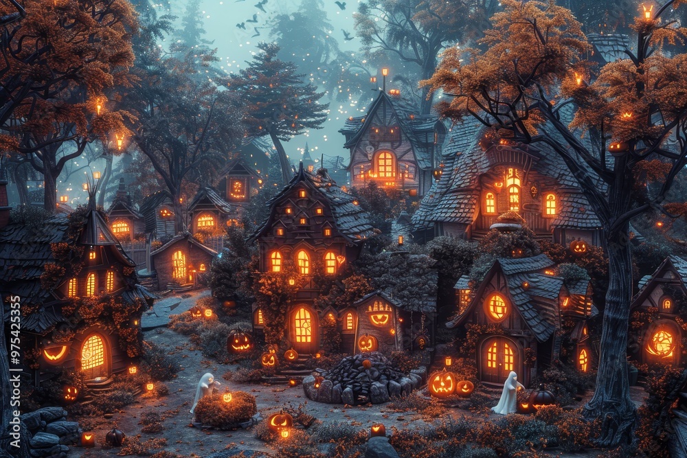 A mystical village illuminated by glowing pumpkins and warm lights, creating a magical Halloween atmosphere in an enchanted forest. A mystical village illuminated by glowing pumpkins and warm lights, creating a magical Halloween atmosphere in an enchanted forest.