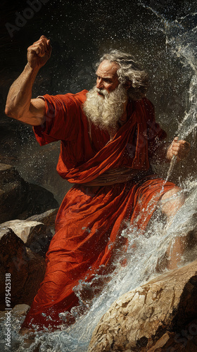Moses striking rock to bring forth water in wild, showcasing powerful moment of faith and divine intervention. scene captures dramatic splashing of water and intensity of moment