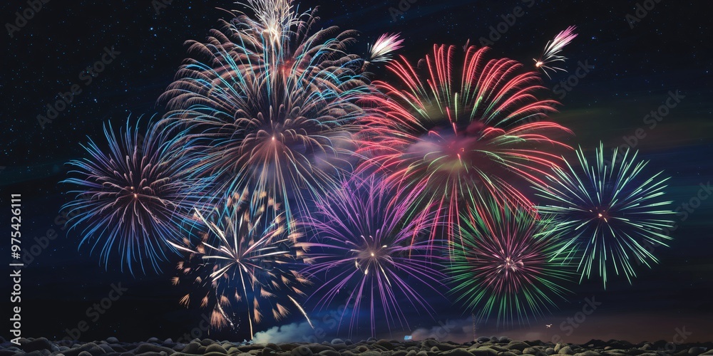 A photo of a fireworks display over a city skyline. The fireworks are exploding in different directions, creating a beautiful
display of light and colour. A photo of a fireworks display over a city skyline. The fireworks are exploding in different directions, creating a beautiful
display of light and colour.
