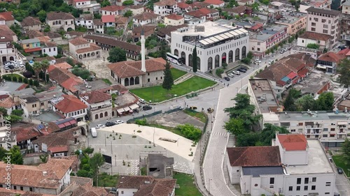 Xhamia Mbret Mosque and Berat town center, high angle drone view photo