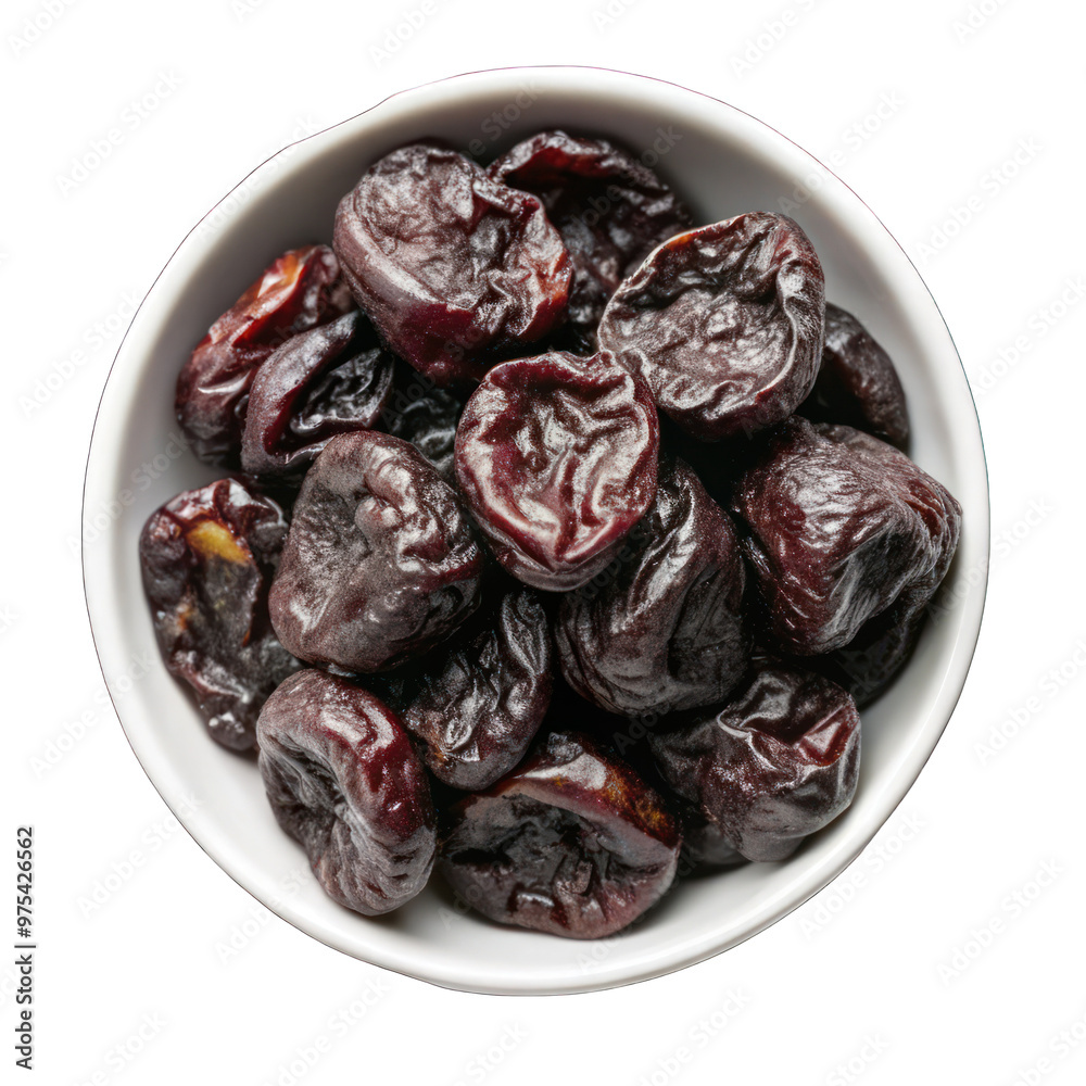 Dried plums on white bowl top view isolated on transparent background Dried plums on white bowl top view isolated on transparent background