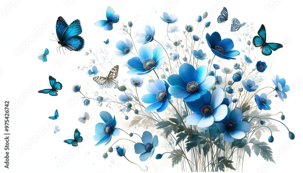 A variety of blue flowers and butterflies on a white background, artistic concept of spring and nature. A variety of blue flowers and butterflies on a white background, artistic concept of spring and nature.