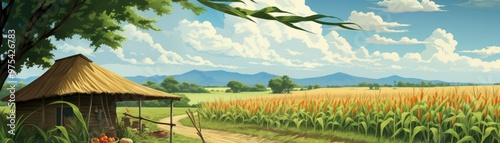 A farm stand at the edge of a road, selling fresh corn and tomatoes under a shady umbrella in this inviting illustration photo