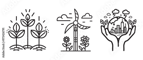 A set of renewable energy icons illustrating different forms of green power generation like solar, wind, and hydroelectric energy, in a simple design.