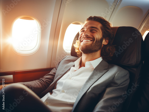 Businessman sitting on first class seat in airplane