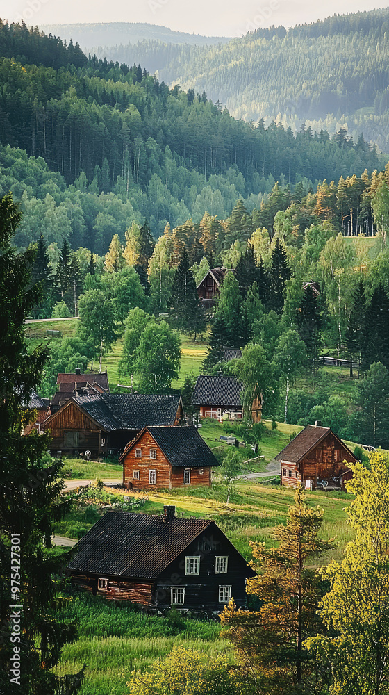 Obraz premium Picturesque Swedish village nestled in lush green forest, showcasing charming wooden houses surrounded by vibrant trees and rolling hills. serene landscape evokes sense of tranquility and natural beau