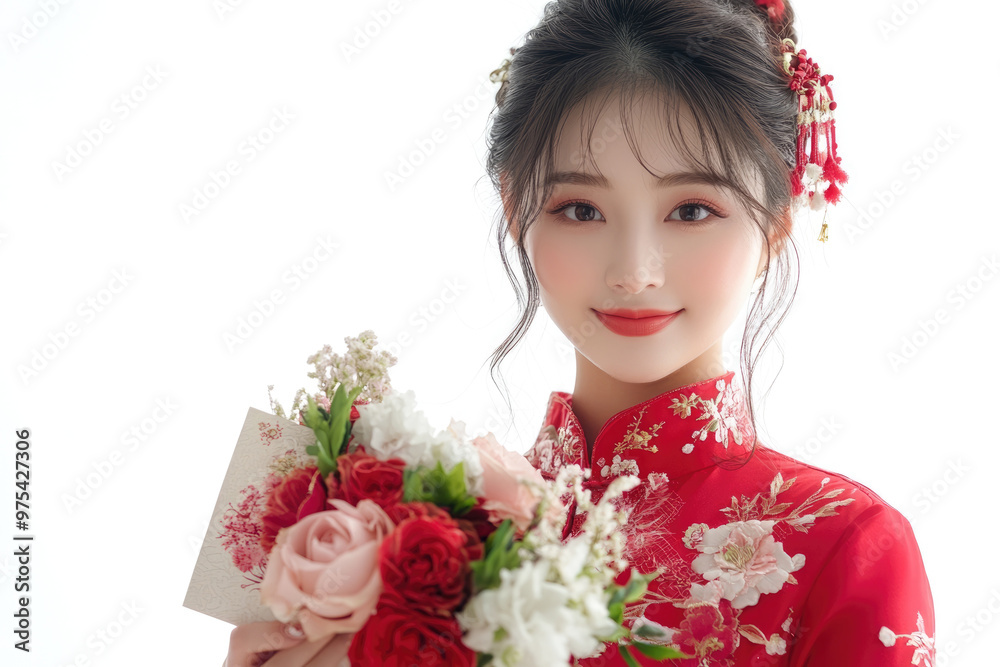 A young woman wearing traditional Chinese clothing and holding a gift A young woman wearing traditional Chinese clothing and holding a gift