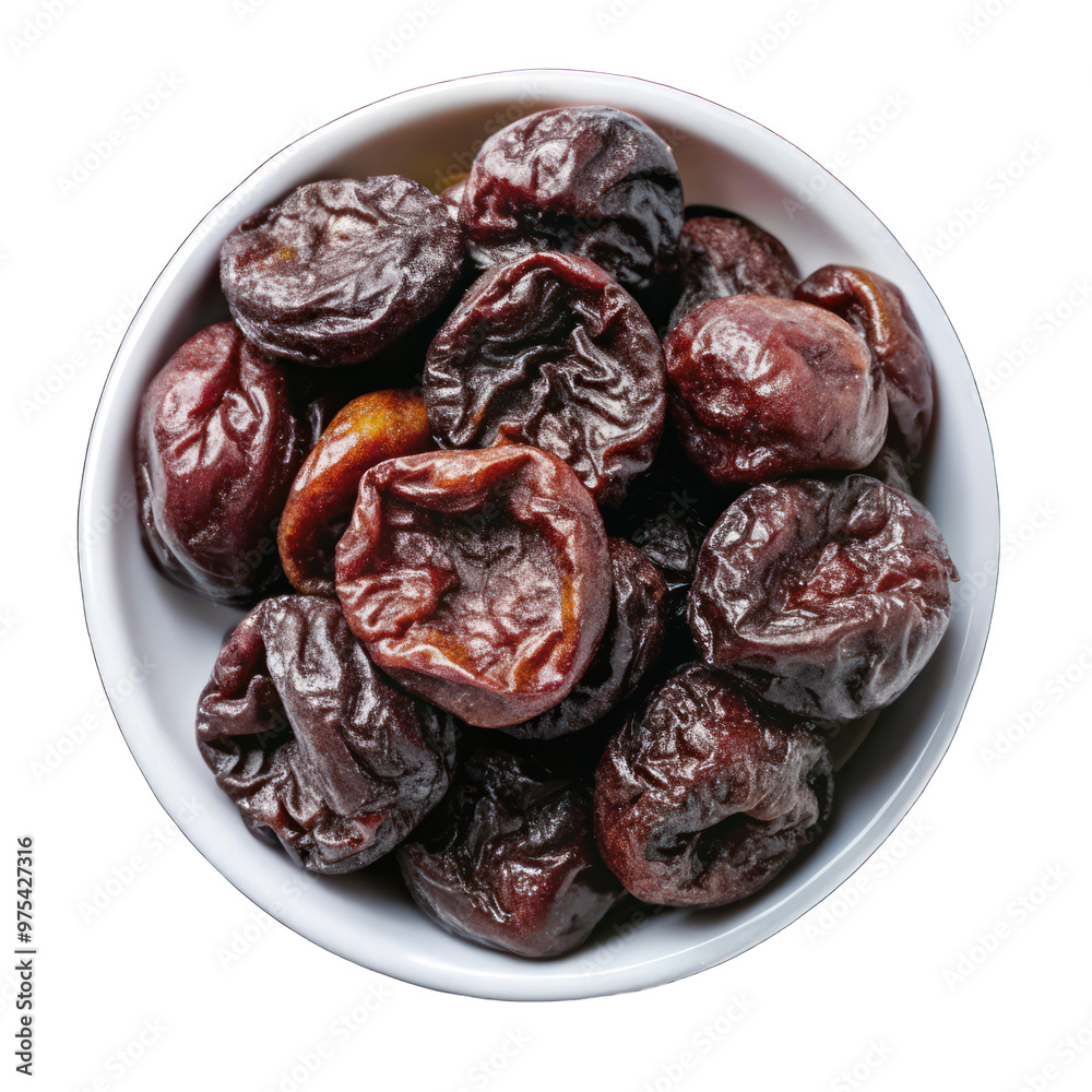 Dried plums on white bowl top view isolated on transparent background Dried plums on white bowl top view isolated on transparent background