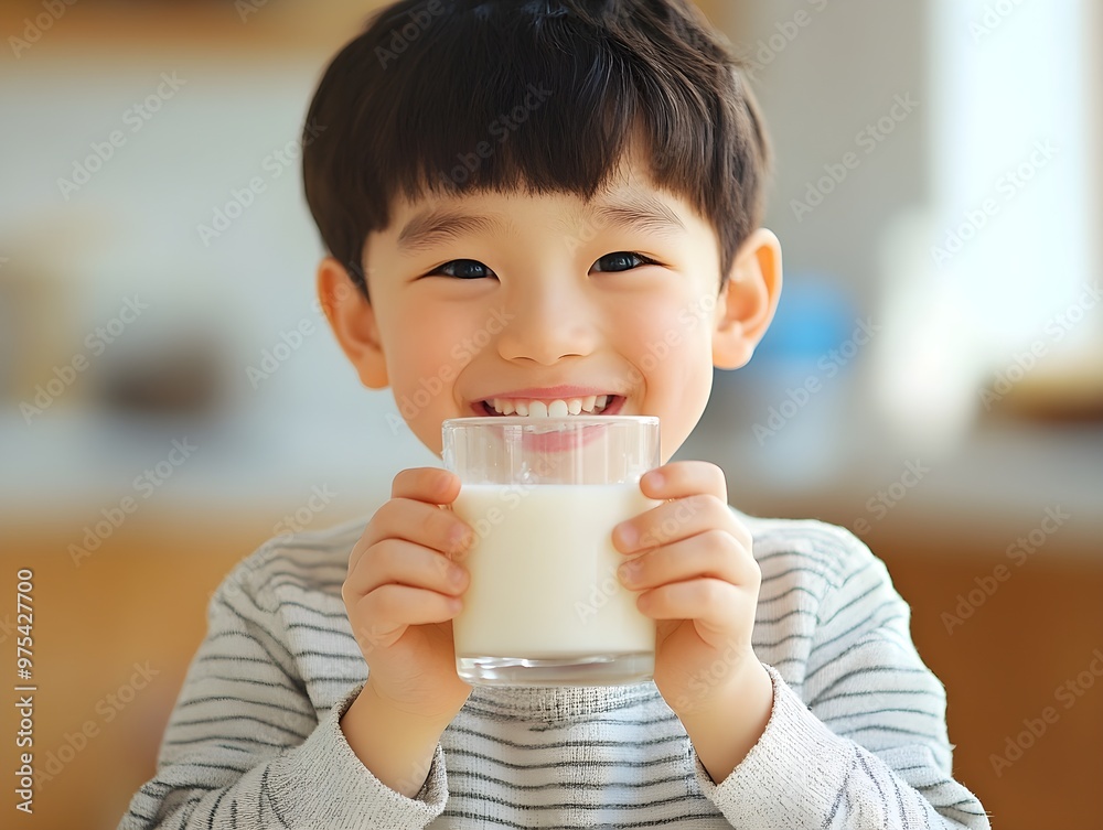 A cheerful young boy smiles brightly while holding a glass of milk indoors, wearing a striped shirt in a warm kitchen setting. A cheerful young boy smiles brightly while holding a glass of milk indoors, wearing a striped shirt in a warm kitchen setting.