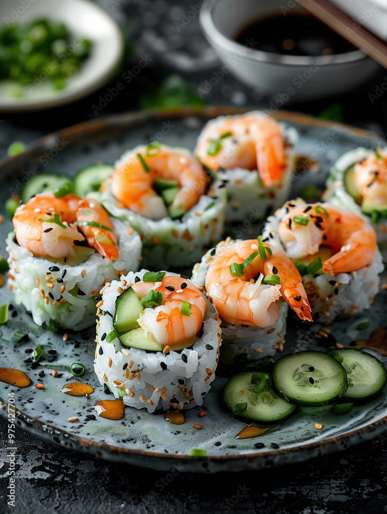 Boston Roll shrimp sushi with avocado and cucumber on dark slate