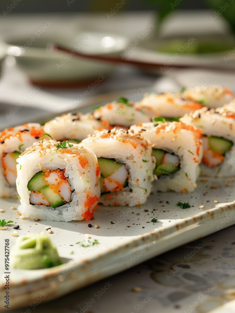 Crab and avocado California Roll sushi with roe and sesame on ceramic plate, close up Japanese cuisine Crab and avocado California Roll sushi with roe and sesame on ceramic plate, close up Japanese cuisine