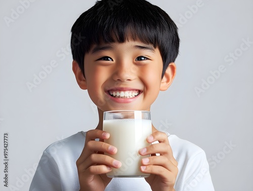 A young boy with a bright smile enjoys a fresh glass of milk, dressed in a clean white shirt against a simple background. photo